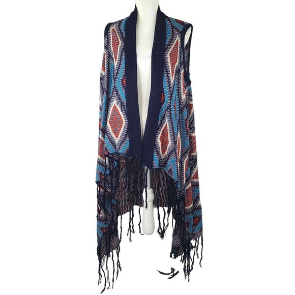 Umgee Open Front Cardigan Aztec Print Sweater Vest Womens Size M Fringe Boho NEW - Picture 1 of 12
